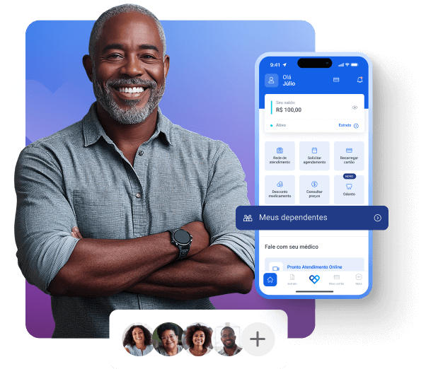 Imagem de um pai, sorrindo, ao lado de uma representação de como adicionar seus dependentes pelo aplicativo Vale Saúde
