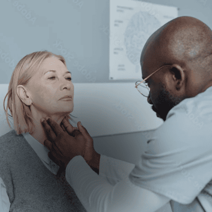 Um médico examinando o pescoço de uma paciente com as mãos