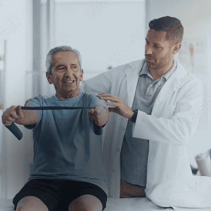 Um médico realizando fisioterapia com um elástico em um paciente idoso